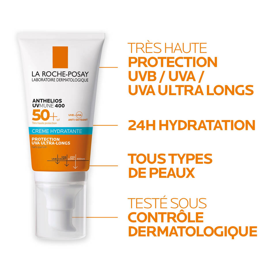 LA ROCHE-POSAY - Anthelios UVMUNE 400 Crème Solaire Hydratante Sans Parfum Peau Sensible SPF 50+ – 50ml