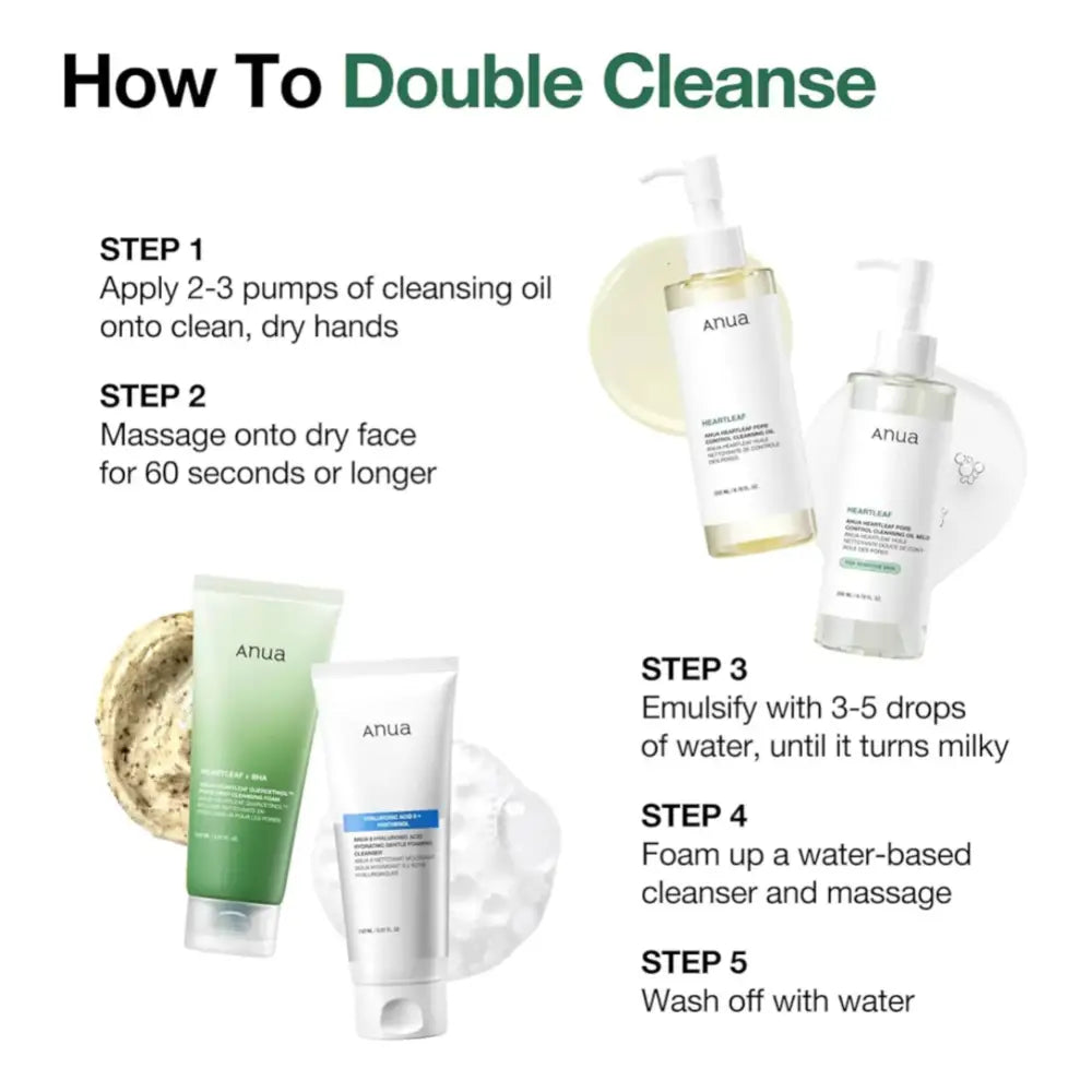 ANUA - DUO Double Cleansing 8 Hyaluronic Acid Foaming Cleanser + Heartleaf Pore Control Cleansing Oil Sensitive Skin - 150ml